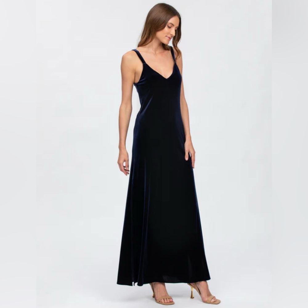 Pietro Brunelli Navy Velvet V-Neck Slit Maxi Gown Formal Maternity Dress NWT NEW